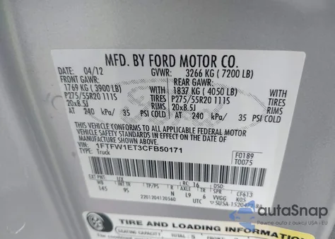 2012 Ford F-150 Platinum z USA, uszkodzony, nr VIN 1FTFW1ET3CFB50171